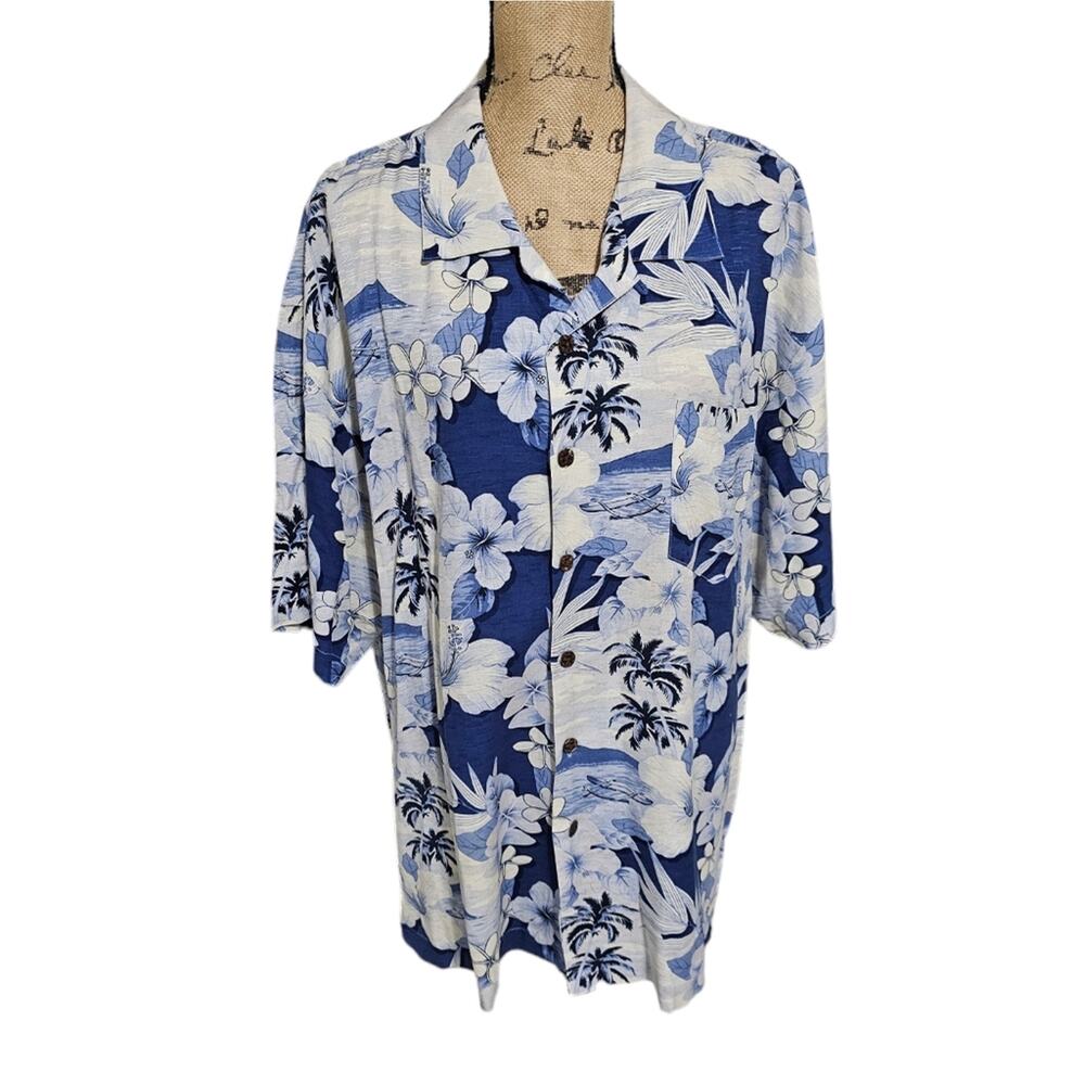 Bermuda Bay Blue and White Hawaiian Floral Tropical 100% Silk Mens Shirt Sz XXL